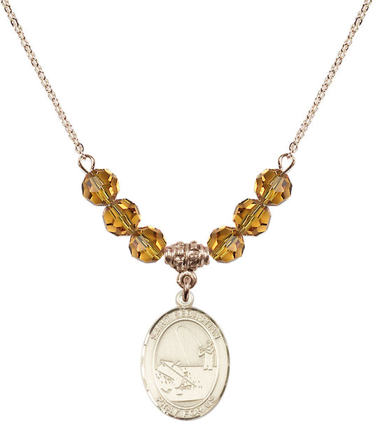 14kt Gold Filled Saint Sebastian / Fishing Birthstone Necklace with Topaz Beads - 8188