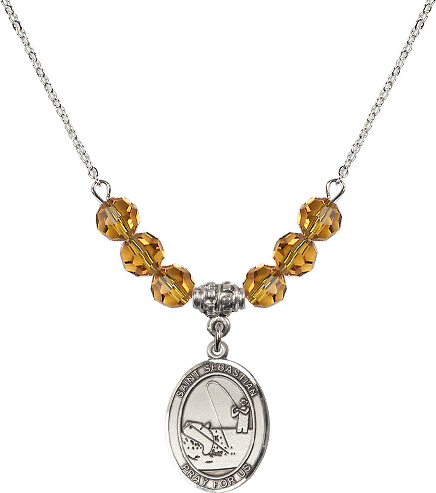 Sterling Silver Saint Sebastian / Fishing Birthstone Necklace with Topaz Beads - 8188