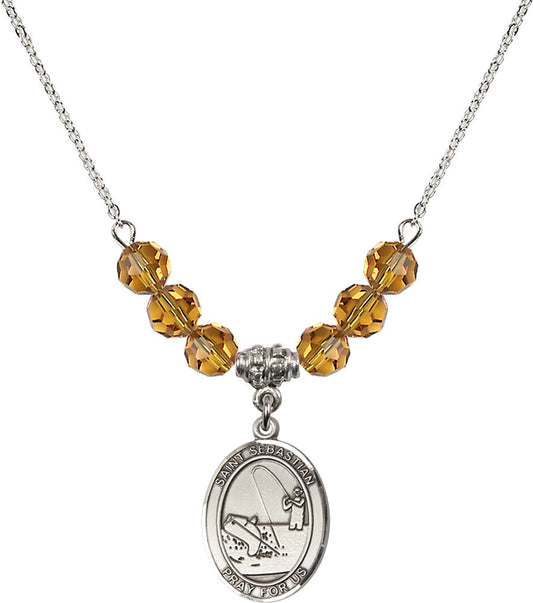 Sterling Silver Saint Sebastian / Fishing Birthstone Necklace with Topaz Beads - 8188
