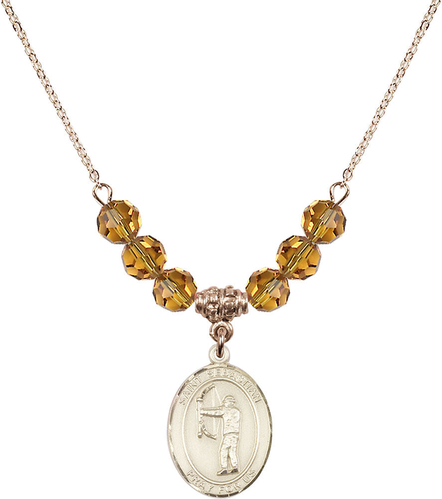 14kt Gold Filled Saint Sebastian / Archery Birthstone Necklace with Topaz Beads - 8189