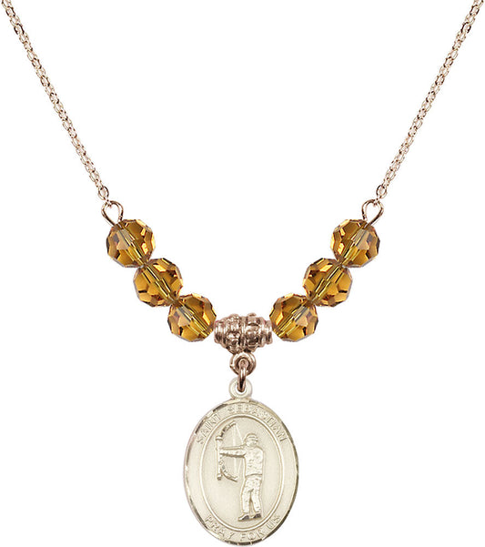14kt Gold Filled Saint Sebastian / Archery Birthstone Necklace with Topaz Beads - 8189