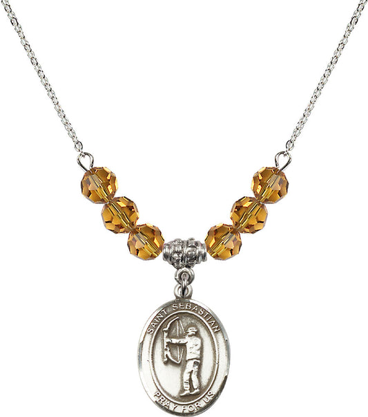 Sterling Silver Saint Sebastian / Archery Birthstone Necklace with Topaz Beads - 8189