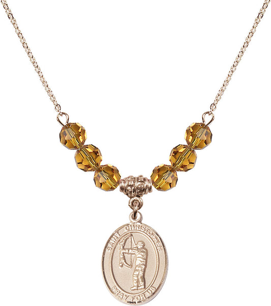 14kt Gold Filled Saint Christopher/Archery Birthstone Necklace with Topaz Beads - 8190