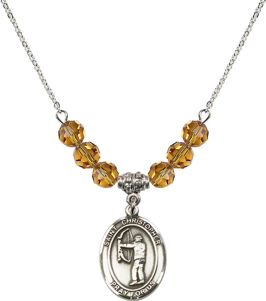 Sterling Silver Saint Christopher/Archery Birthstone Necklace with Topaz Beads - 8190
