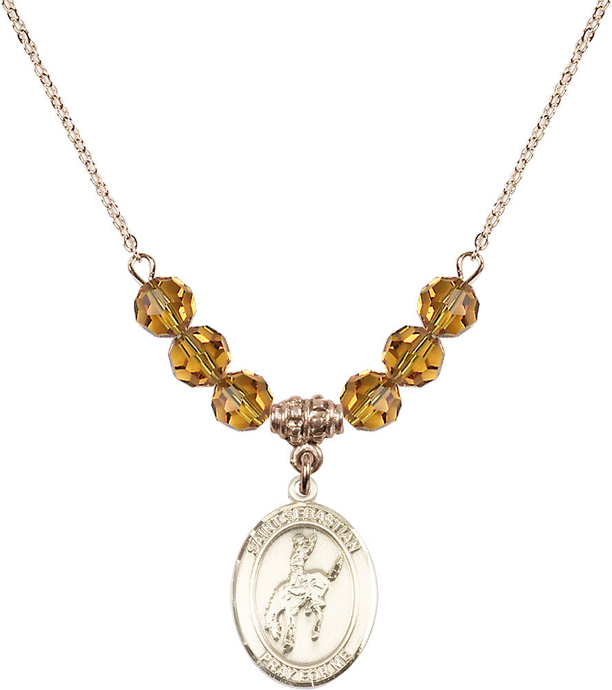 14kt Gold Filled Saint Sebastian / Rodeo Birthstone Necklace with Topaz Beads - 8191