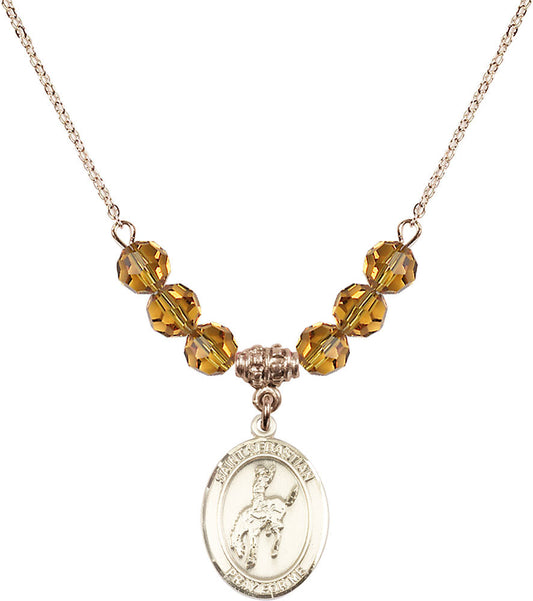 14kt Gold Filled Saint Sebastian / Rodeo Birthstone Necklace with Topaz Beads - 8191