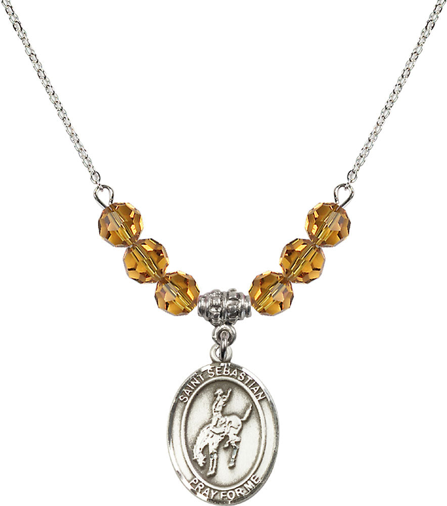 Sterling Silver Saint Sebastian / Rodeo Birthstone Necklace with Topaz Beads - 8191