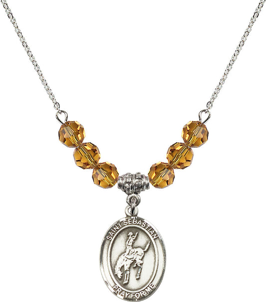 Sterling Silver Saint Sebastian / Rodeo Birthstone Necklace with Topaz Beads - 8191