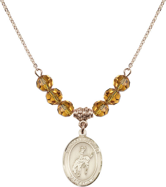 14kt Gold Filled Saint Christopher / Rodeo Birthstone Necklace with Topaz Beads - 8192
