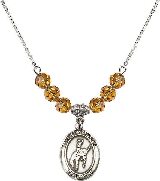 Sterling Silver Saint Christopher / Rodeo Birthstone Necklace with Topaz Beads - 8192