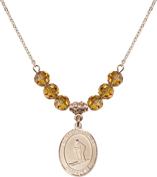 14kt Gold Filled Saint Christopher / Skiing Birthstone Necklace with Topaz Beads - 8193