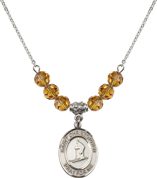 Sterling Silver Saint Christopher / Skiing Birthstone Necklace with Topaz Beads - 8193