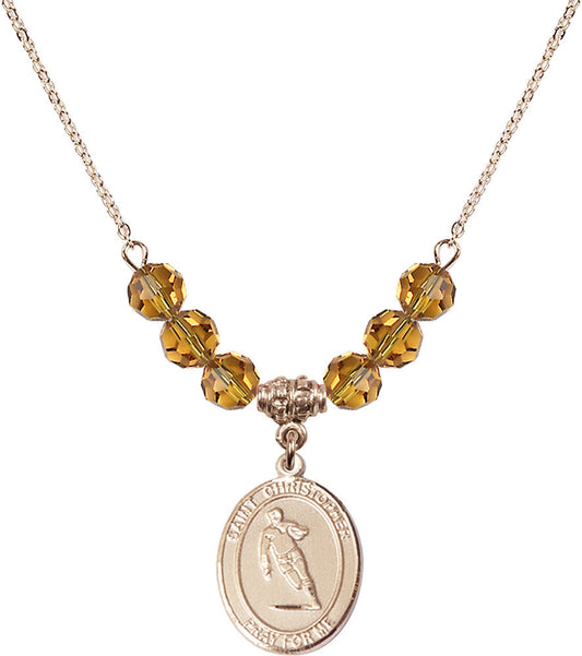 14kt Gold Filled Saint Christopher / Rugby Birthstone Necklace with Topaz Beads - 8194