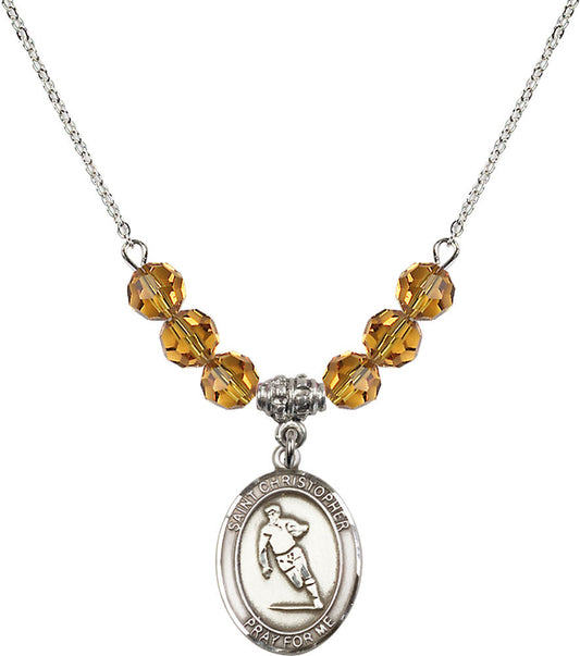 Sterling Silver Saint Christopher / Rugby Birthstone Necklace with Topaz Beads - 8194