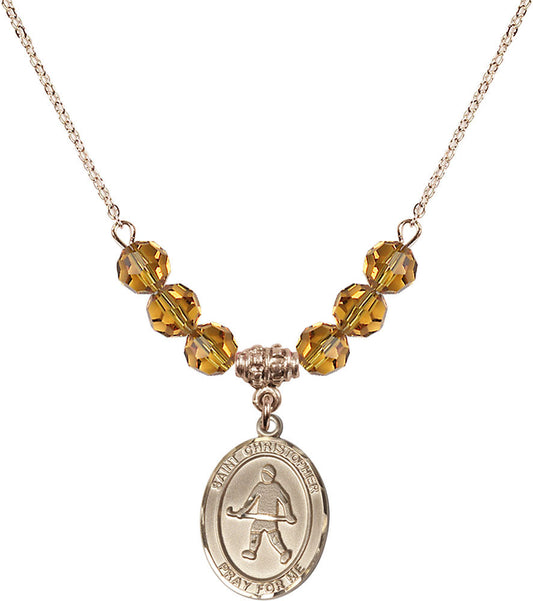 14kt Gold Filled Saint Christopher / Field Hockey Birthstone Necklace with Topaz Beads - 8195
