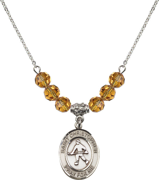 Sterling Silver Saint Christopher / Field Hockey Birthstone Necklace with Topaz Beads - 8195