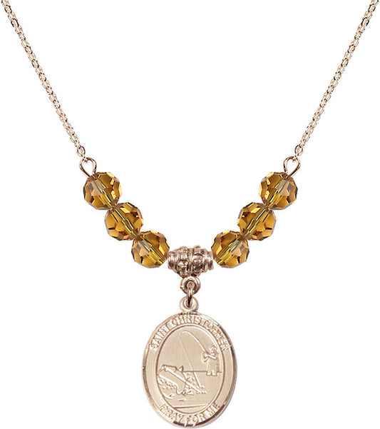 14kt Gold Filled Saint Christopher / Fishing Birthstone Necklace with Topaz Beads - 8196