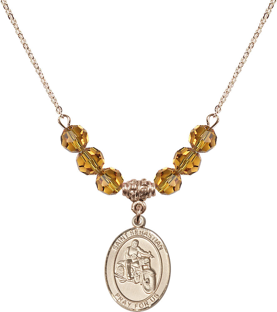 14kt Gold Filled Saint Sebastian / Motorcycle Birthstone Necklace with Topaz Beads - 8197