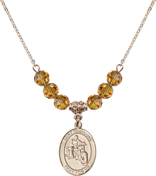 14kt Gold Filled Saint Sebastian / Motorcycle Birthstone Necklace with Topaz Beads - 8197