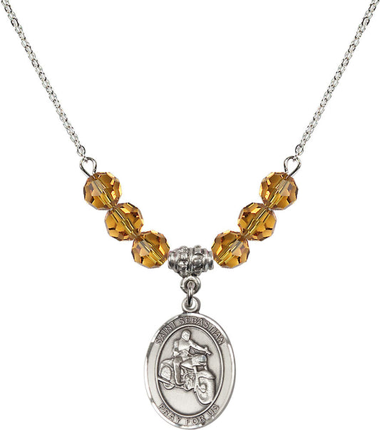 Sterling Silver Saint Sebastian / Motorcycle Birthstone Necklace with Topaz Beads - 8197