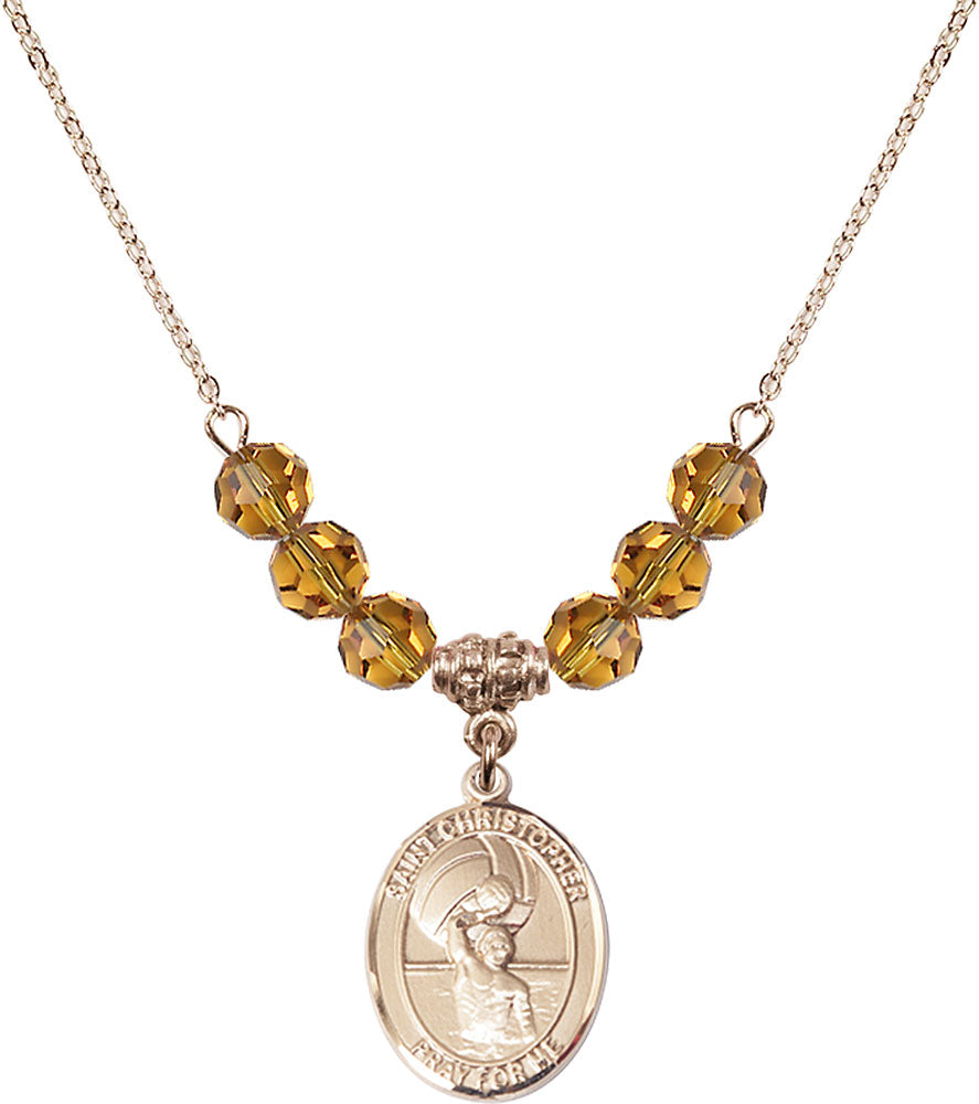14kt Gold Filled Saint Christopher/Water Polo-Men Birthstone Necklace with Topaz Beads - 8198