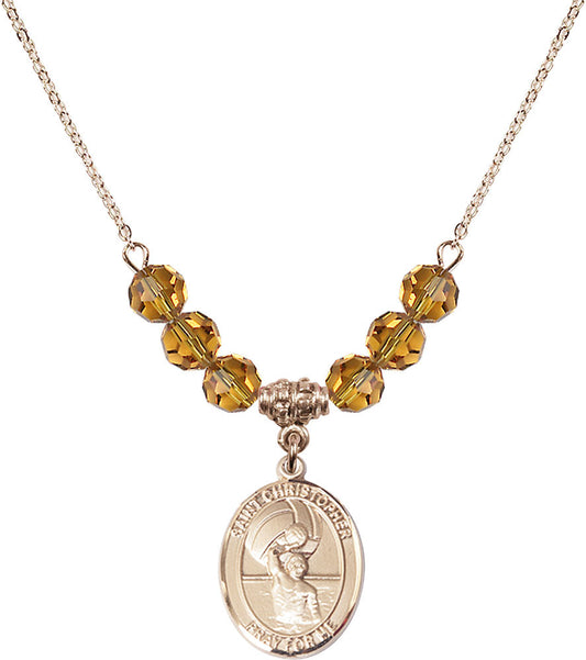 14kt Gold Filled Saint Christopher/Water Polo-Men Birthstone Necklace with Topaz Beads - 8198