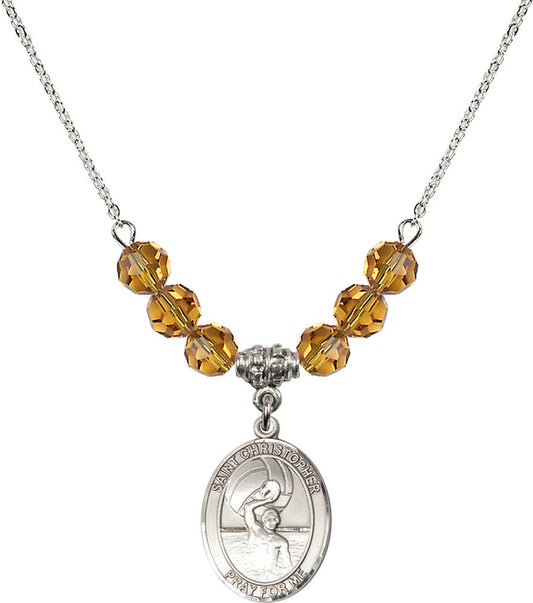 Sterling Silver Saint Christopher/Water Polo-Men Birthstone Necklace with Topaz Beads - 8198