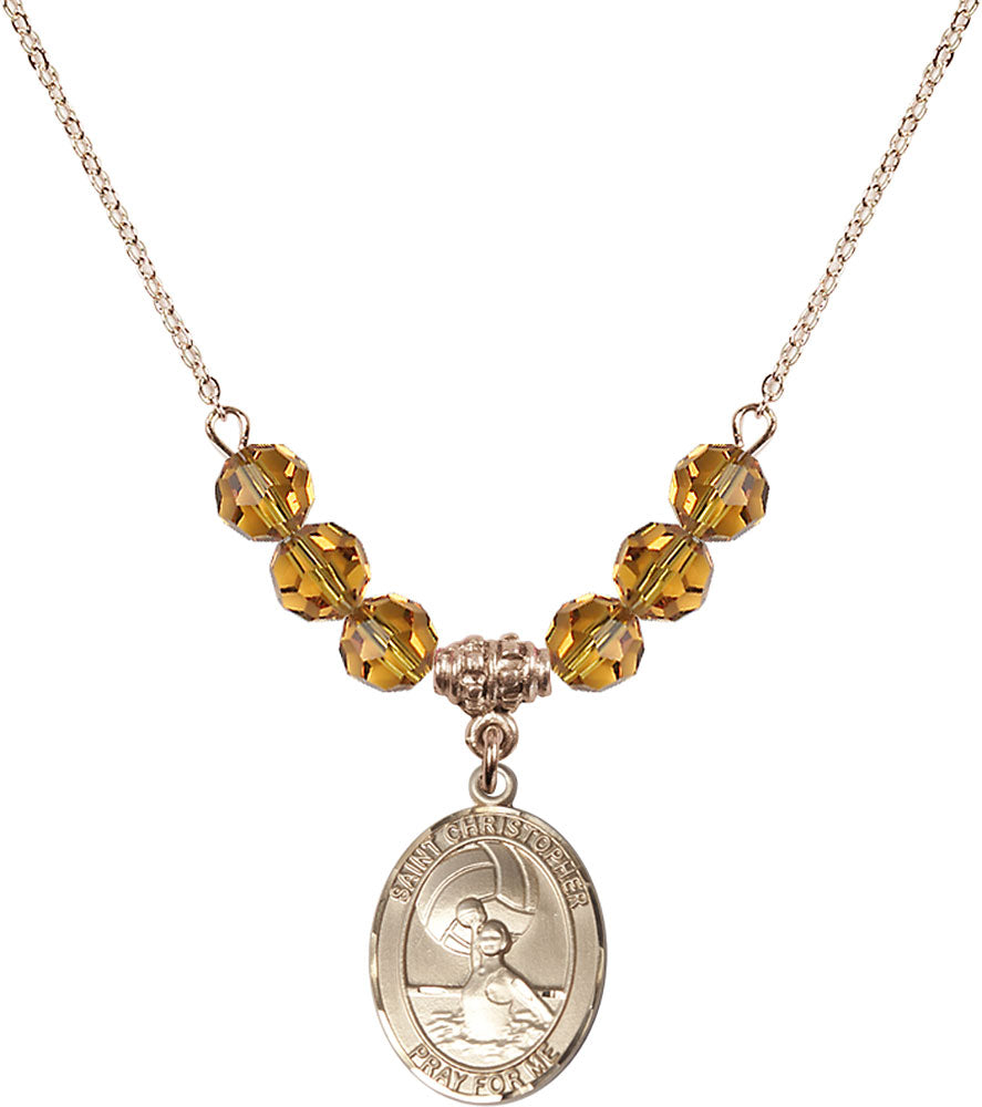 14kt Gold Filled Saint Christopher/Water Polo-Women Birthstone Necklace with Topaz Beads - 8199