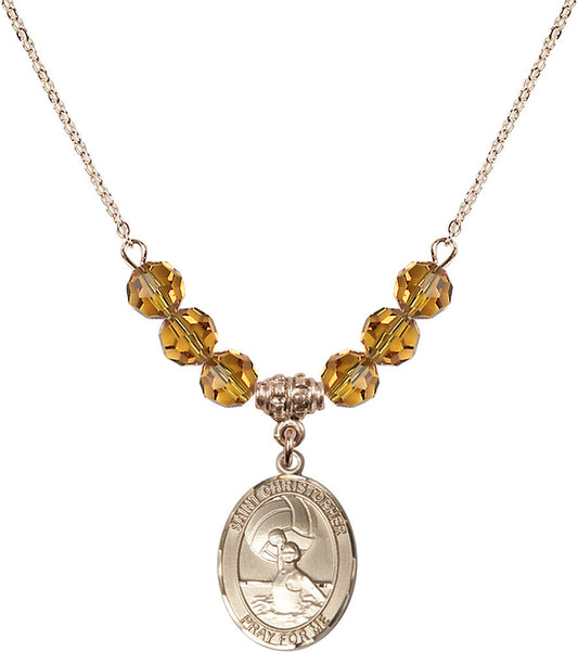 14kt Gold Filled Saint Christopher/Water Polo-Women Birthstone Necklace with Topaz Beads - 8199
