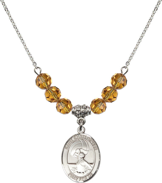 Sterling Silver Saint Christopher/Water Polo-Women Birthstone Necklace with Topaz Beads - 8199