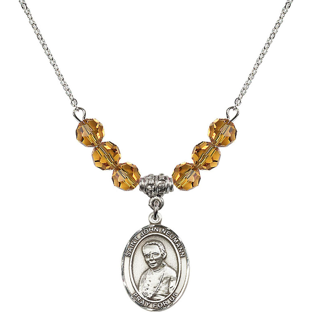Sterling Silver Saint John Neumann Birthstone Necklace with Topaz Beads - 8204