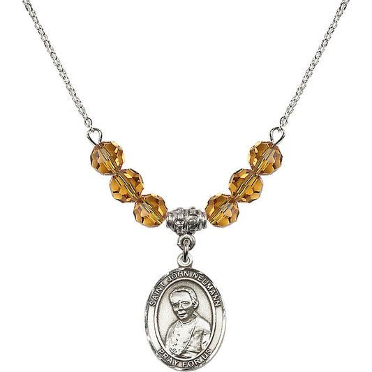 Sterling Silver Saint John Neumann Birthstone Necklace with Topaz Beads - 8204