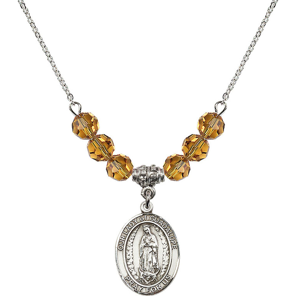 Sterling Silver Our Lady of Guadalupe Birthstone Necklace with Topaz Beads - 8206