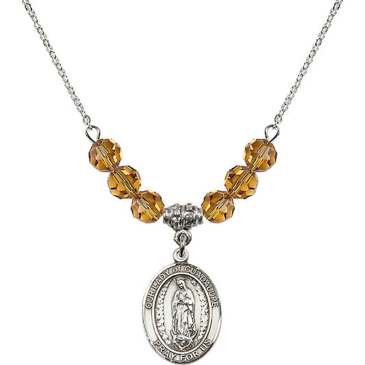 Sterling Silver Our Lady of Guadalupe Birthstone Necklace with Topaz Beads - 8206