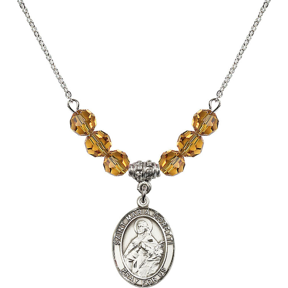 Sterling Silver Saint Maria Goretti Birthstone Necklace with Topaz Beads - 8208