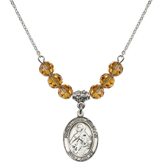 Sterling Silver Saint Maria Goretti Birthstone Necklace with Topaz Beads - 8208