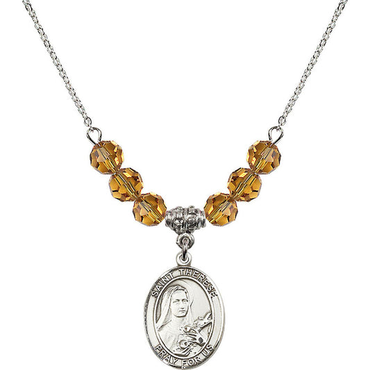 Sterling Silver Saint Therese of Lisieux Birthstone Necklace with Topaz Beads - 8210