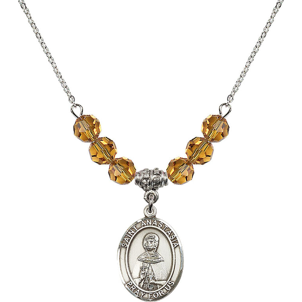 Sterling Silver Saint Anastasia Birthstone Necklace with Topaz Beads - 8213