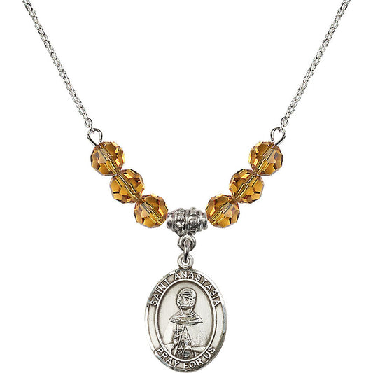 Sterling Silver Saint Anastasia Birthstone Necklace with Topaz Beads - 8213