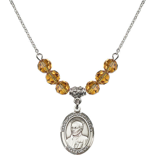 Sterling Silver Saint Ignatius of Loyola Birthstone Necklace with Topaz Beads - 8217