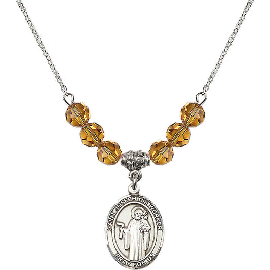 Sterling Silver Saint Joseph the Worker Birthstone Necklace with Topaz Beads - 8220