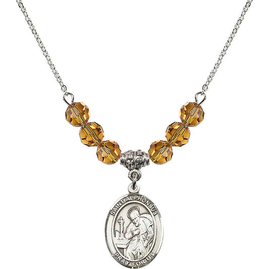 Sterling Silver Saint Alphonsus Birthstone Necklace with Topaz Beads - 8221