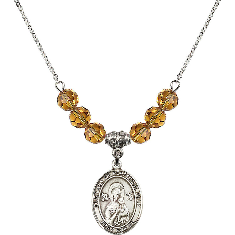 Sterling Silver Our Lady of Perpetual Help Birthstone Necklace with Topaz Beads - 8222
