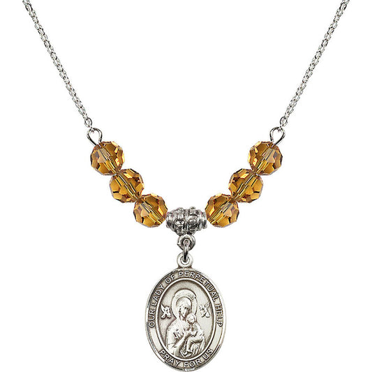 Sterling Silver Our Lady of Perpetual Help Birthstone Necklace with Topaz Beads - 8222