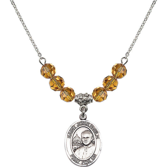 Sterling Silver Saint John Paul II Birthstone Necklace with Topaz Beads - 8234