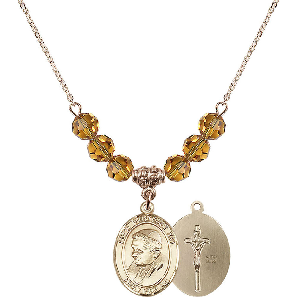 14kt Gold Filled Pope Emeritace Benedict XVI Birthstone Necklace with Topaz Beads - 8235