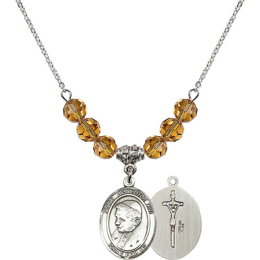 Sterling Silver Pope Emeritace Benedict XVI Birthstone Necklace with Topaz Beads - 8235