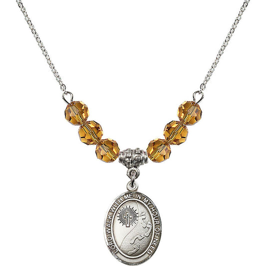 Sterling Silver Footprints / Cross Birthstone Necklace with Topaz Beads - 8237