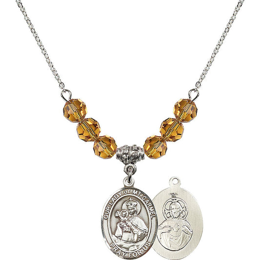 Sterling Silver Our Lady of Mount Carmel Birthstone Necklace with Topaz Beads - 8243