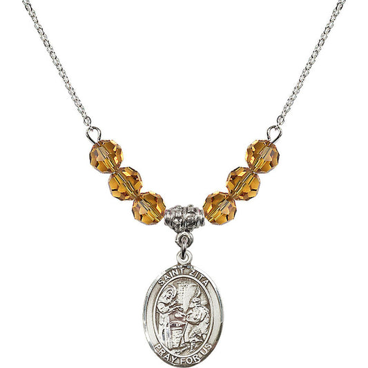 Sterling Silver Saint Zita Birthstone Necklace with Topaz Beads - 8244